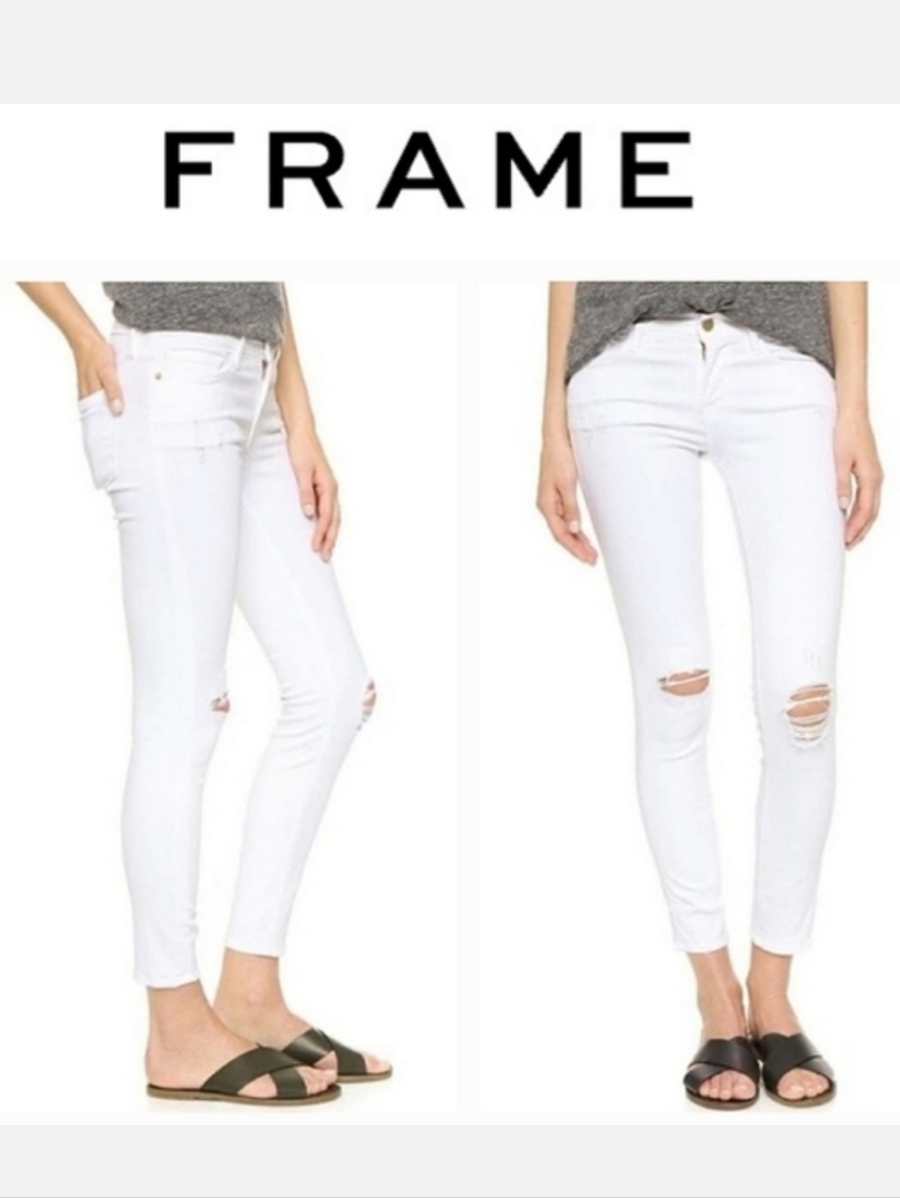 FRAME Distressed Ankle Jeans Le Skinny De Jeanne Crop Blanc White Sz 27